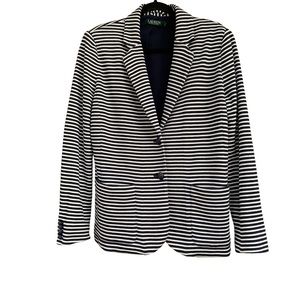 LAUREN Ralph Lauren Womens Navy White Stripped Blazer XL Blue Buttons Mid Length